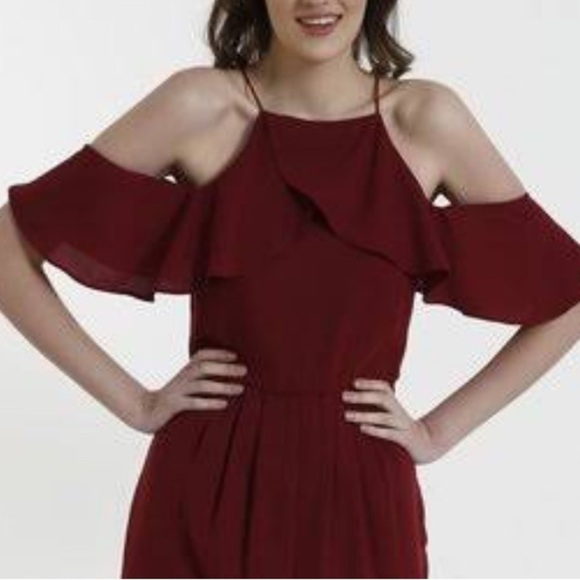 Charlotte Russe Burgundy Cold-Shoulder Halter Ruffles  Plus Size Chiffon Dress - Picture 3 of 10